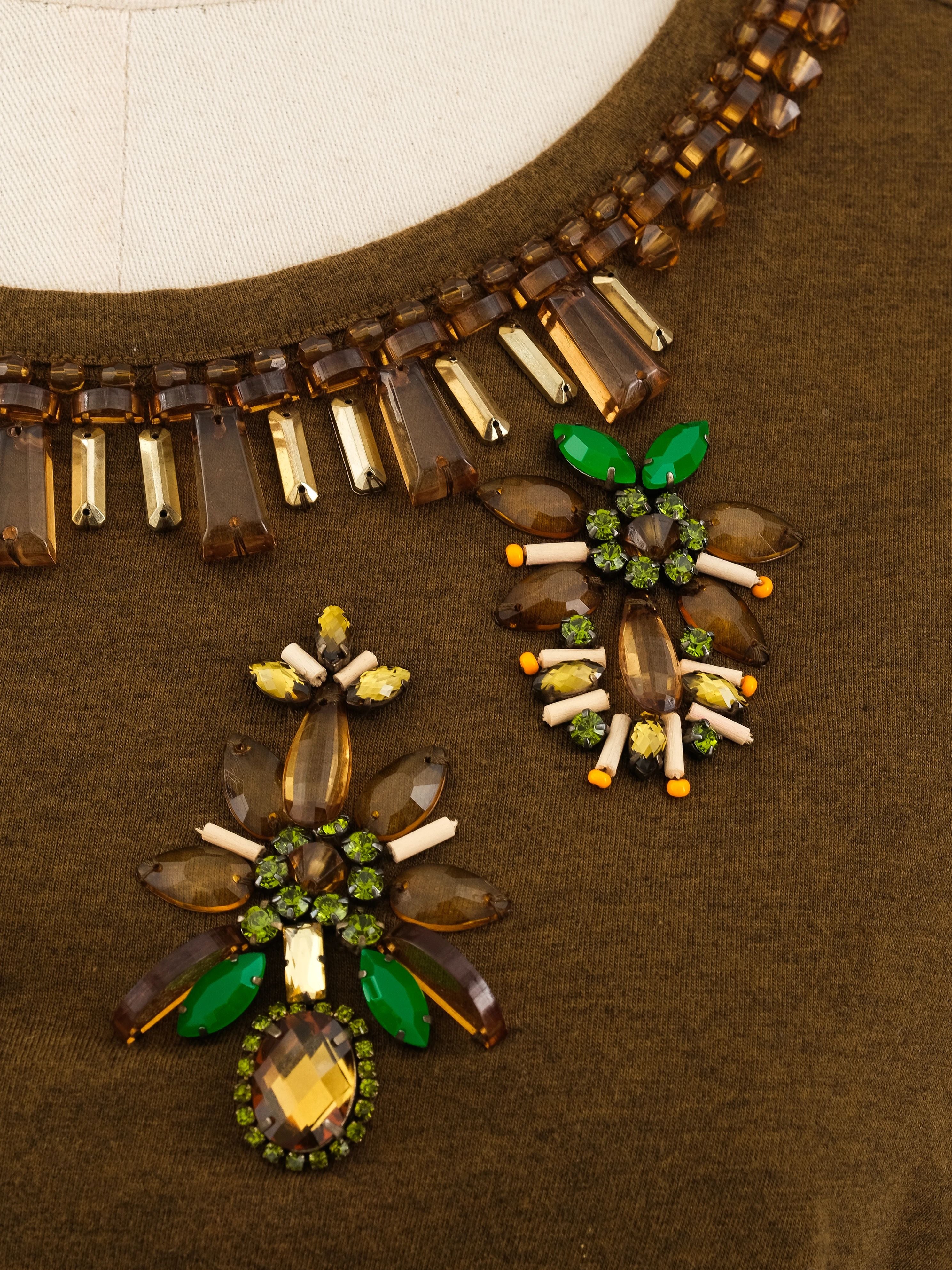 Excellent Green Cotton Top with Embellished Neckline Size L