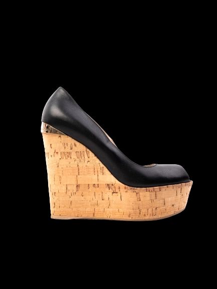Excellent R&amp;Renzi Black Leather Wedge Shoes Size 36 with Cork Heels