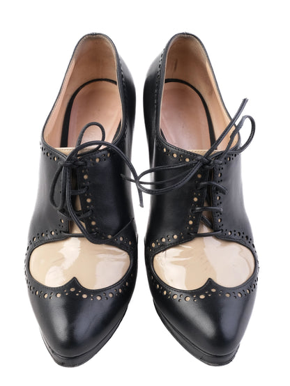 Good Condition Casadei Black Leather High-Heeled Oxford Shoes Size 38.5