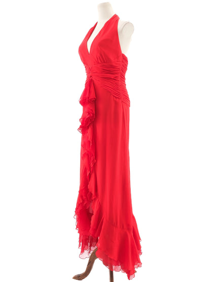 Excellent Luisa Spagnoli Red Silk Evening Gown Size L Halter Neck