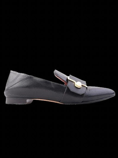 Good Bally Black Leather Loafers with Gold Buckle Size 38.5