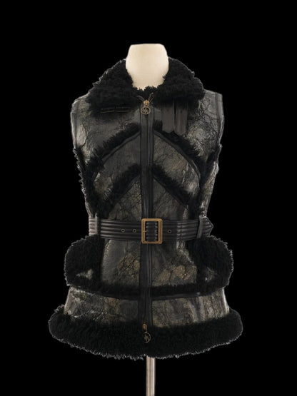 Excellent Black Leather Sleeveless Vest Size L with Fluffy Texture