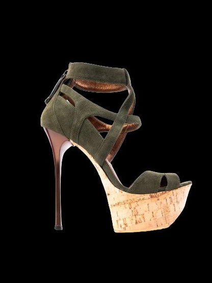 Perfect Gianmarco Lorenzi Green Genuine Suede High-Heeled Sandals Size 36.5