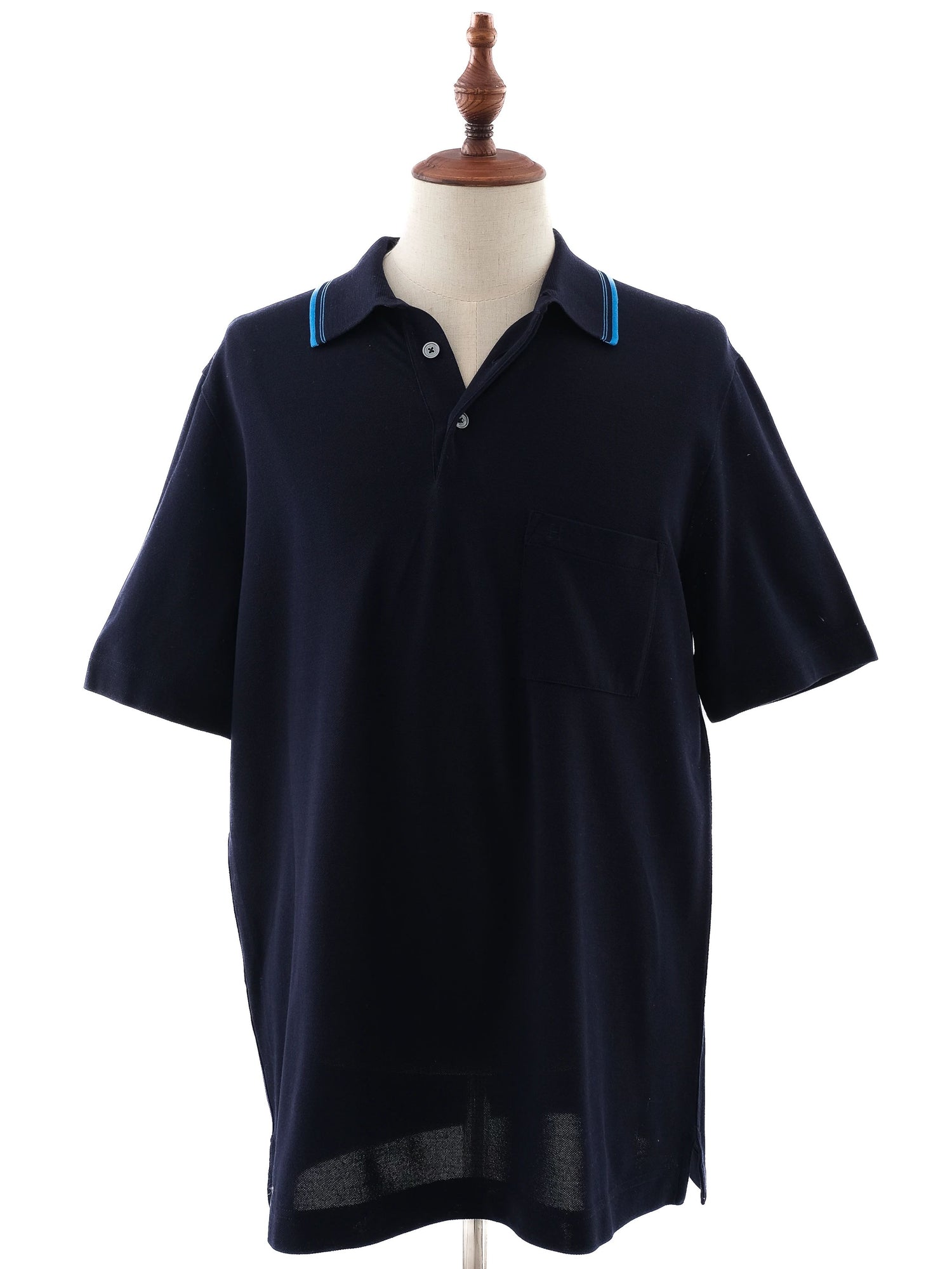 Excellent Hermes Blue Polo Shirt Cotton Size L Double Stripe