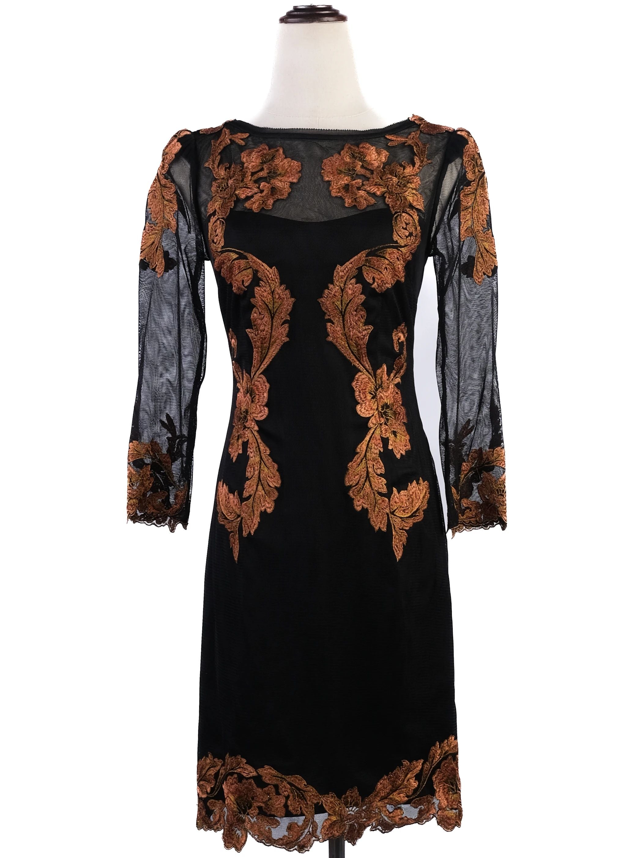 Excellent Karen Millen Black Dress Orange Floral Embroidery Size S