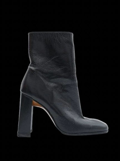 Excellent Black Leather Ankle Boots Square Heels Size 36