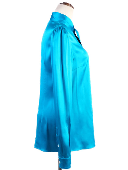 Excellent Dolce Gabbana Turquoise Silk Blouse Size L with Tie-Neck