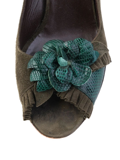 EXCELLENT Valentino Green Stiletto Heels Leather Open Toe Floral Embellishment