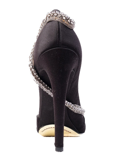 Excellent Valentino Black High-Heeled Peep-Toe Shoes with Rhinestones