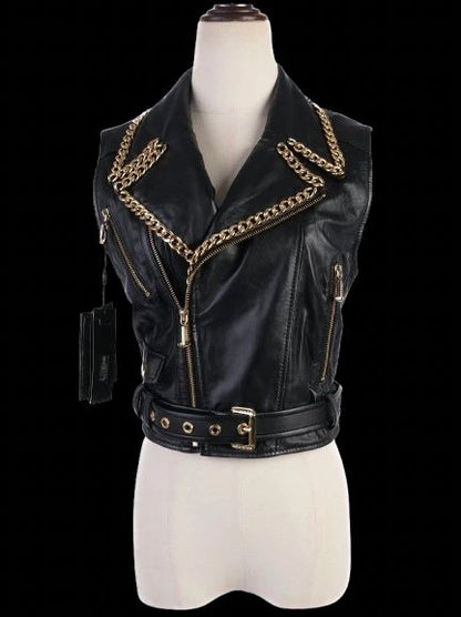 NEW Phillipp Plein Black Leather Vest M with Gold Chain Accents