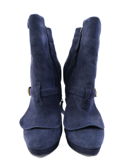 Excellent Alexander McQueen Blue Leather High-Heeled Ankle Boots Size 41