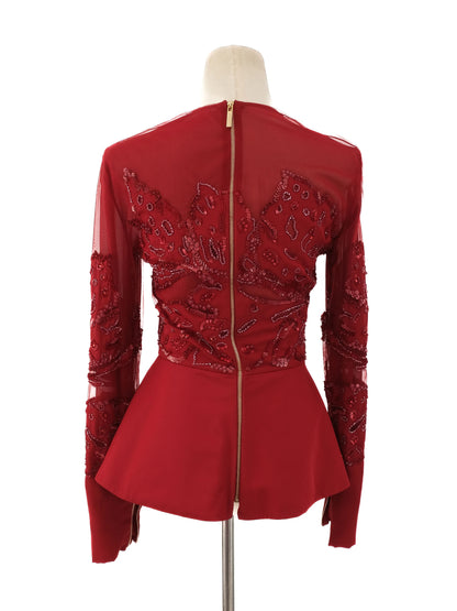 Excellent Elie Saab Red Silk Peplum Blouse Size S with Bead Embellishments