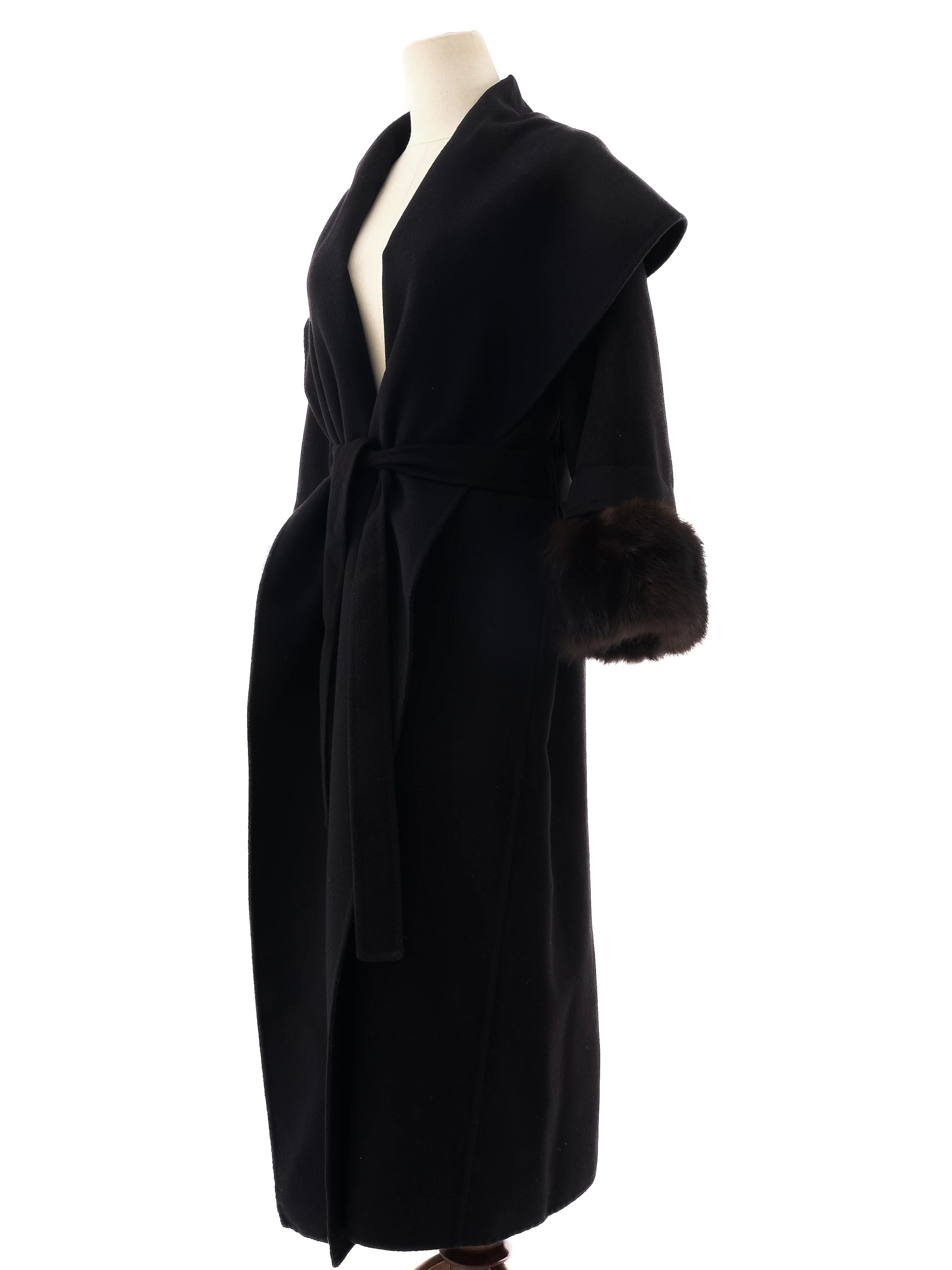Perfect Black Cashmere Wool Coat with Fur Trim Size M