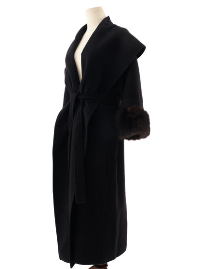 Perfect Black Cashmere Wool Coat with Fur Trim Size M