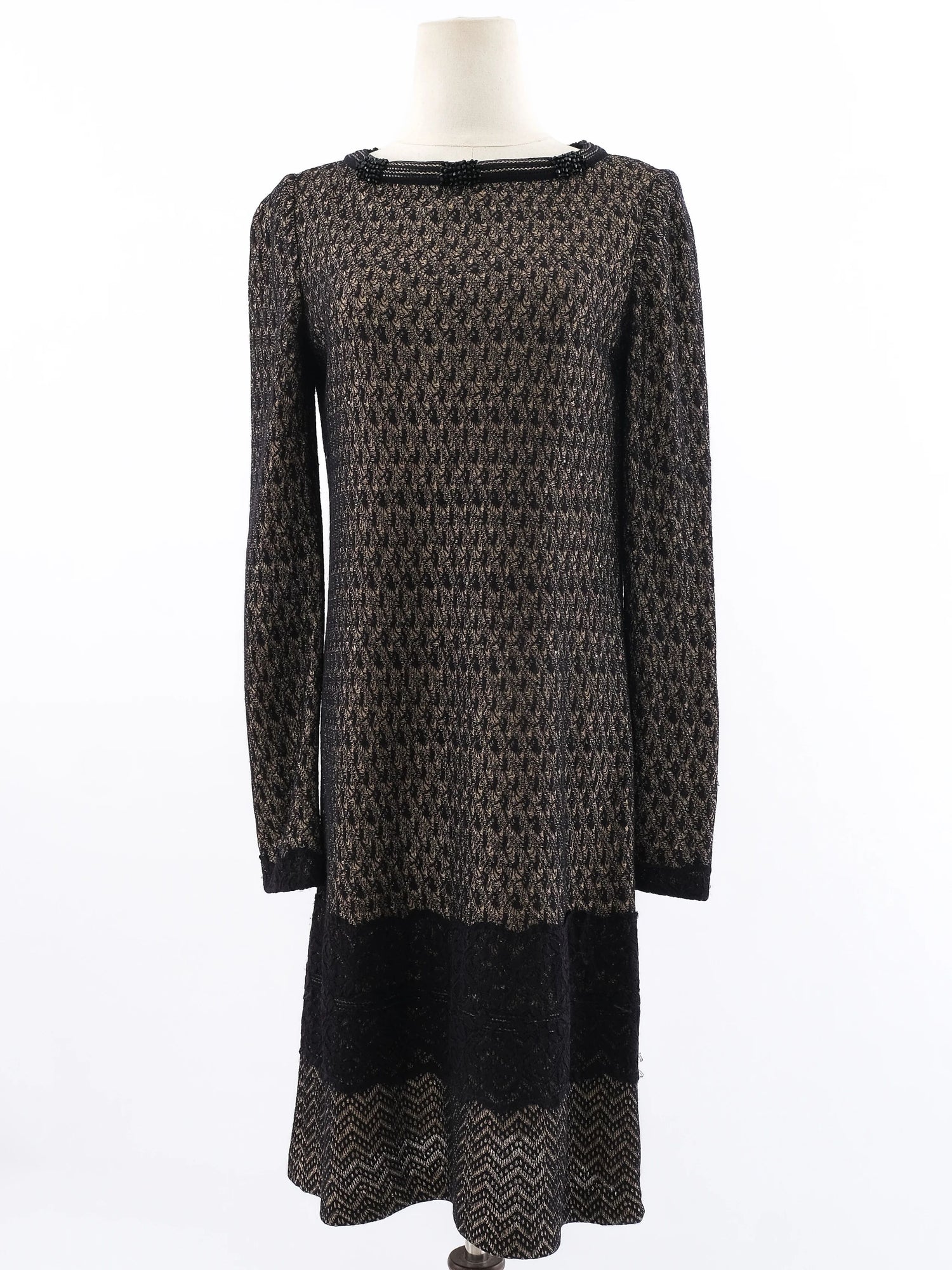 Excellent St. John Geometric Long-Sleeved Dress Size S Black/Brown