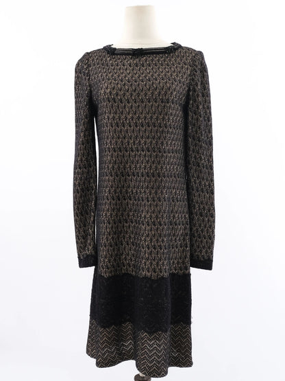 Excellent St. John Geometric Long-Sleeved Dress Size S Black/Brown