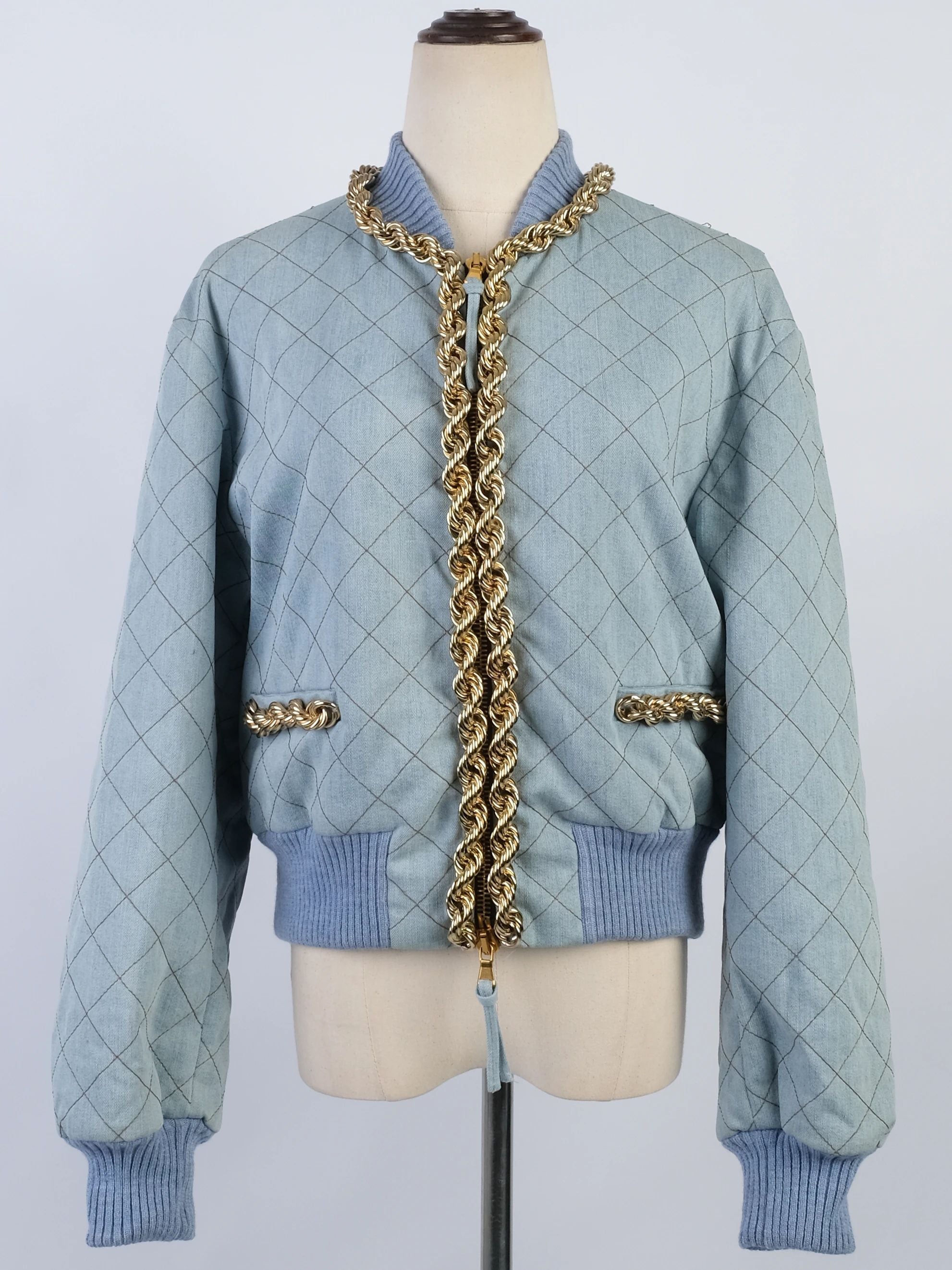 Excellent Moschino Blue Quilted Denim Jacket &amp; Skirt Set