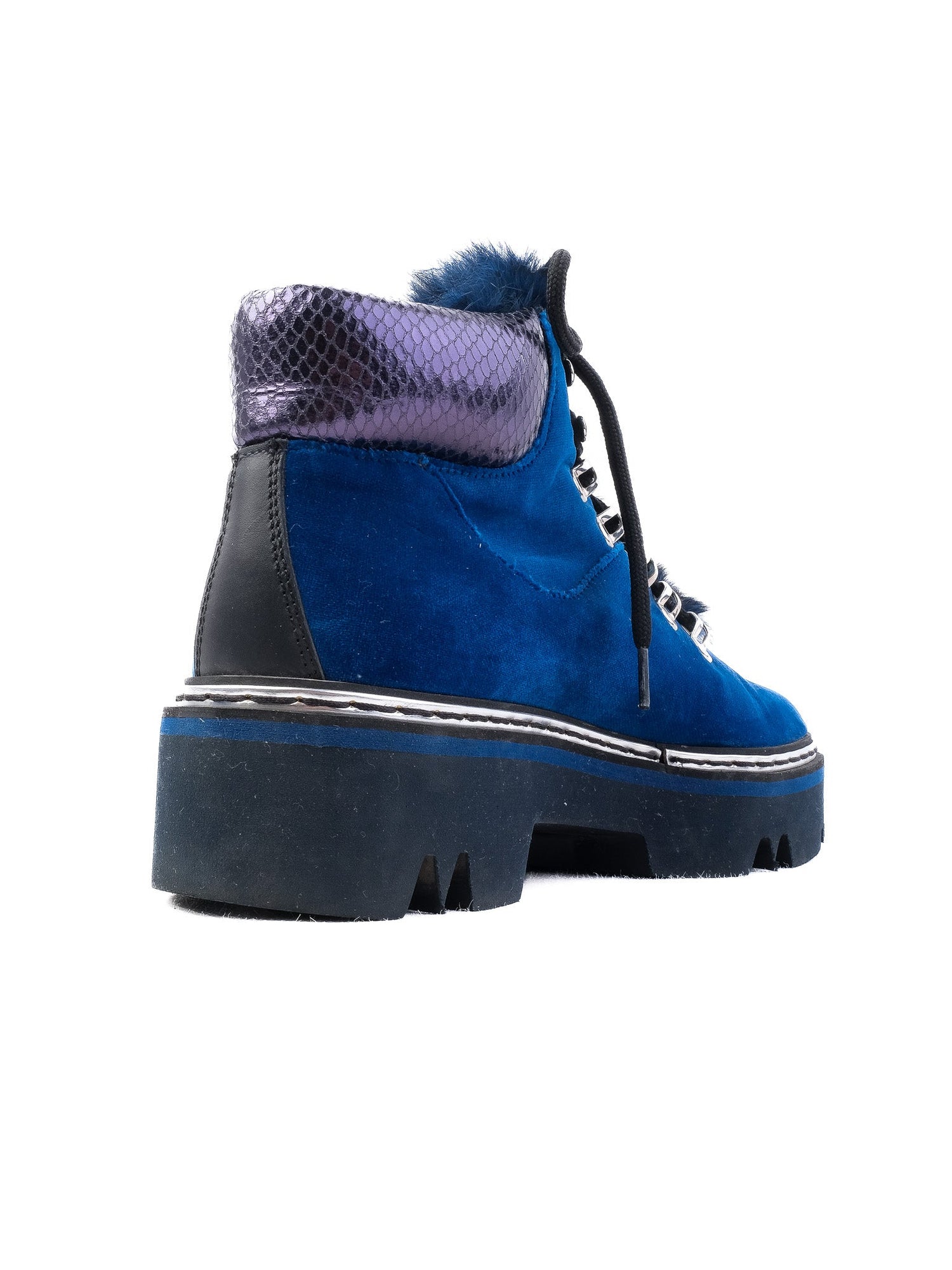 Perfect Pollini Blue Velvet Boots with Fur Trim Size 37
