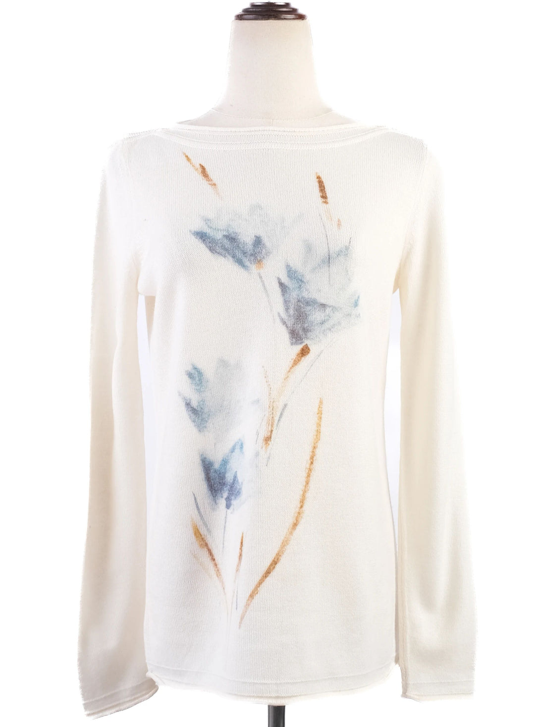 Excellent Loro Piana White Cashmere Sweater Size S Floral Design