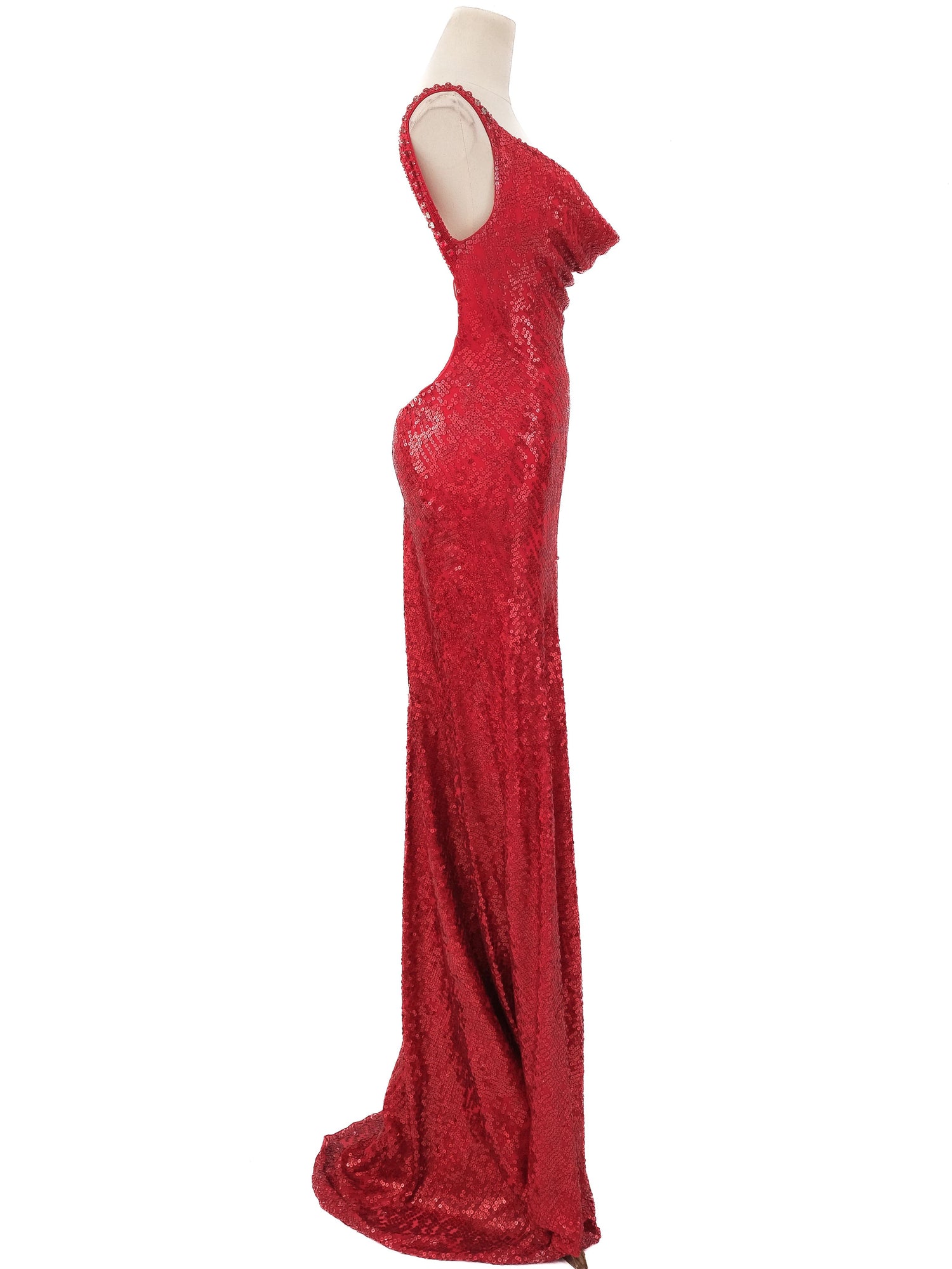 Excellent Jenny Packham Red Silk Sequined Gown Size M