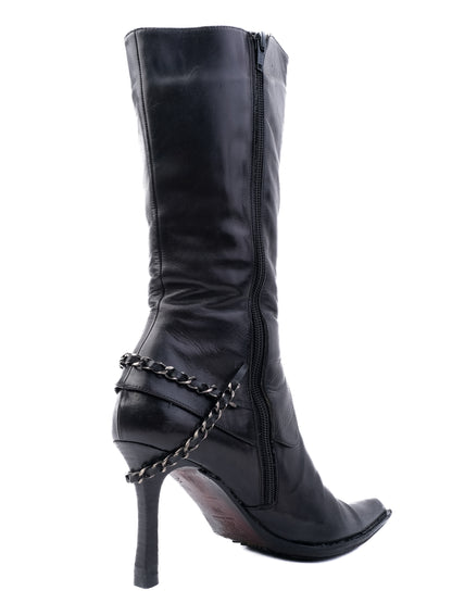 Excellent Fabi Black Leather Knee-High Boots Size 39 with Chains