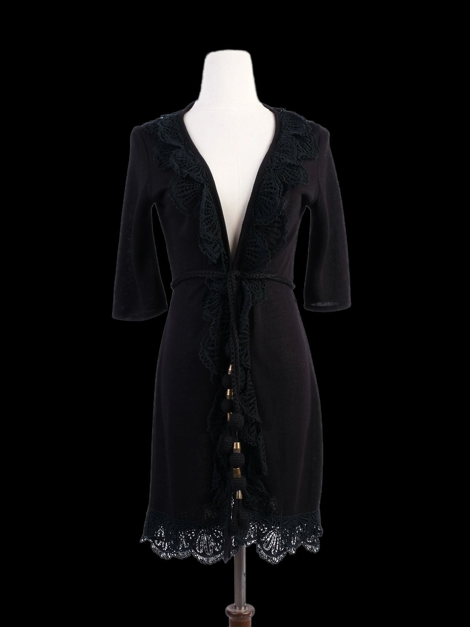 Excellent Marc Jacobs Black Wool Cardigan with Lace Trim, Size M