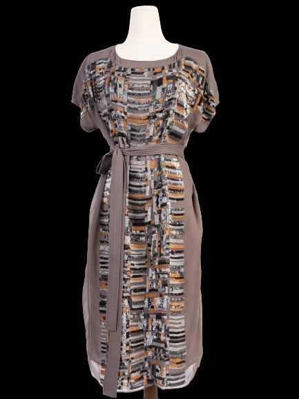 Excellent Nicole Farhi Brown Silk Dress with Sequins Size M