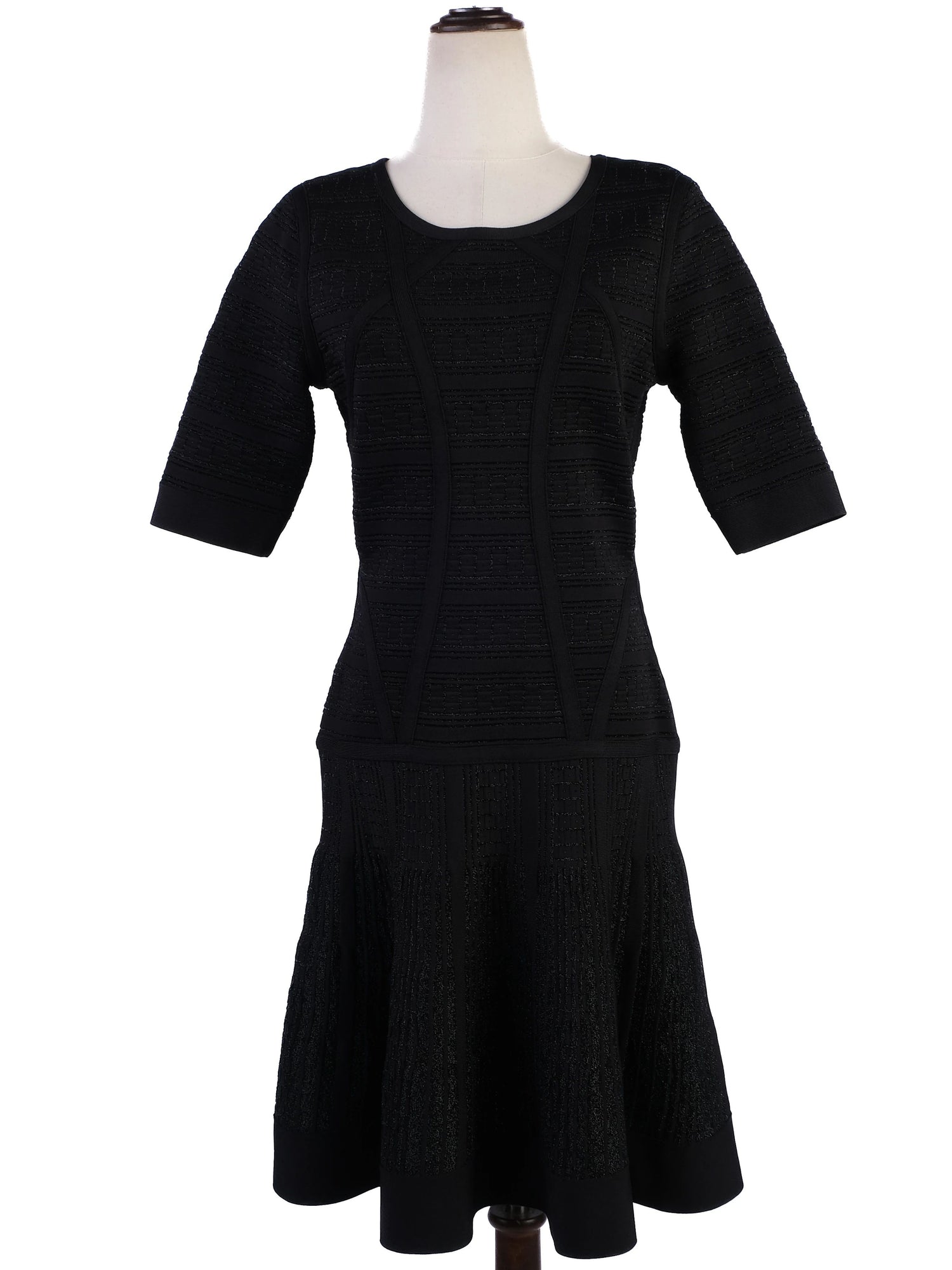 Excellent Herve Leger Black Viscose Dress Size L with Flared Skirt