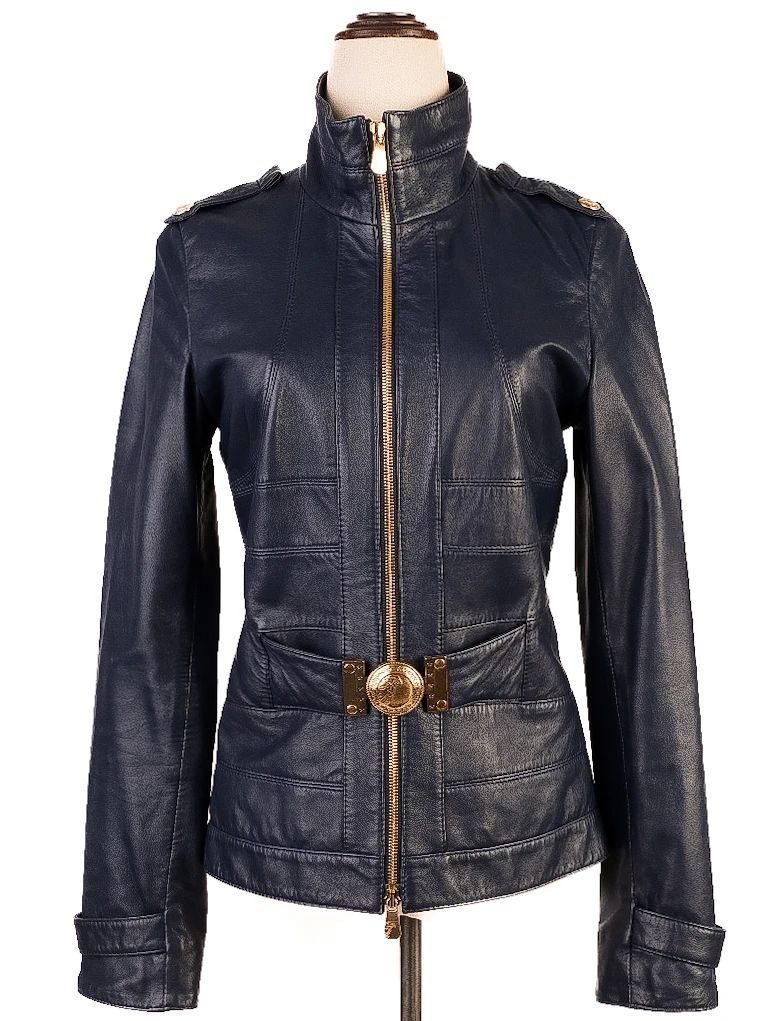 Versace Blue Leather Jacket Women Size XS Excellent Condition