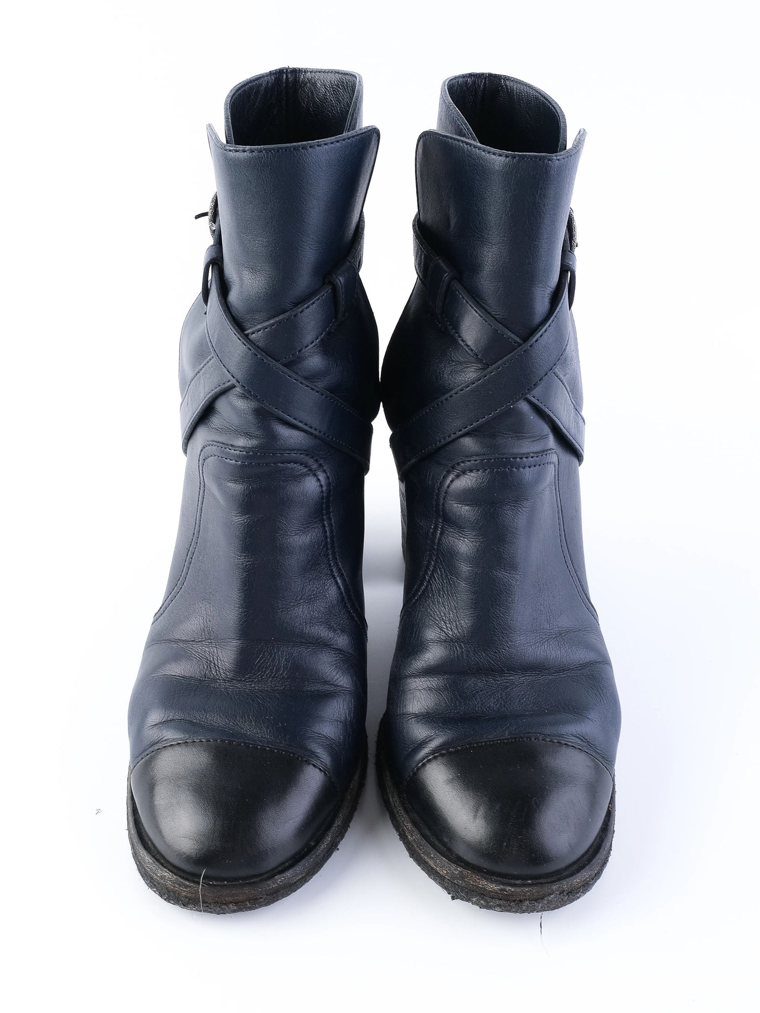 Excellent Chanel Black Leather Ankle Boots with Block Heel Size 38.5