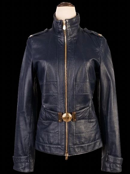 Versace Blue Leather Jacket Women Size XS Excellent Condition