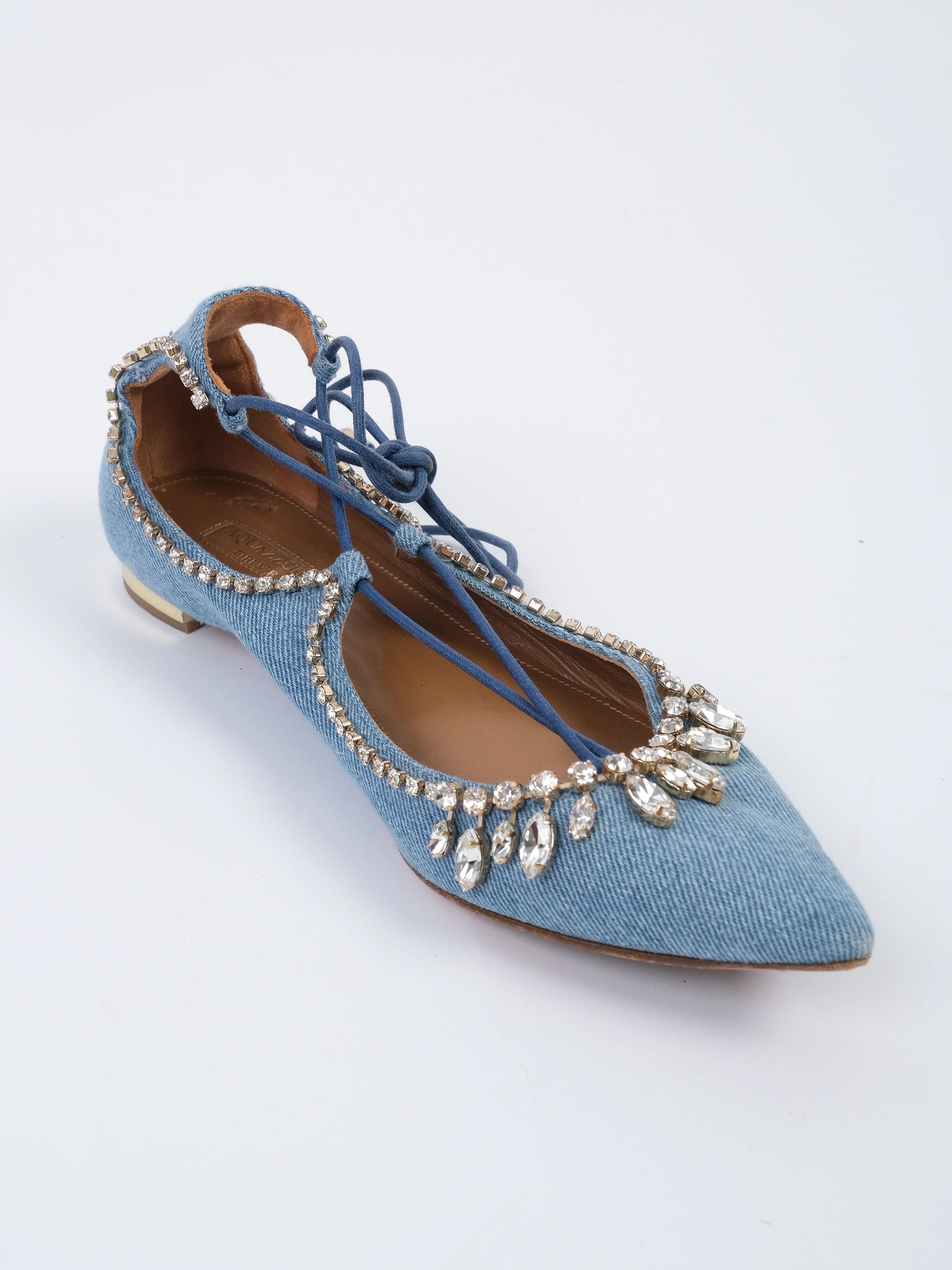 Excellent Aquazzura Blue Lace-Up Denim Ballet Flats with Rhinestones