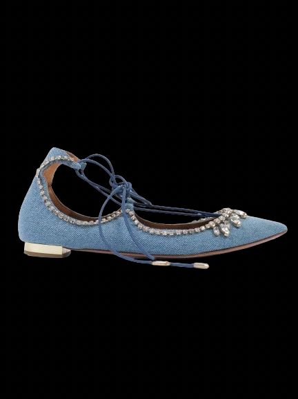 Excellent Aquazzura Blue Lace-Up Denim Ballet Flats with Rhinestones