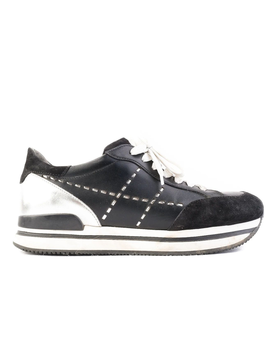Excellent Hogan Black Leather Sneakers Size 38 with Silver Accents