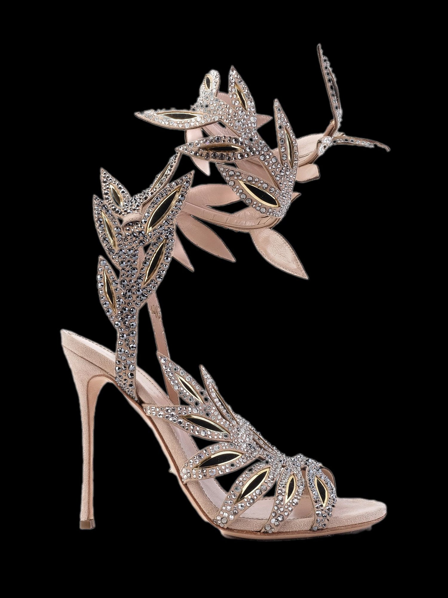 Sergio Rossi White Leather High-Heeled Sandals with Rhinestones