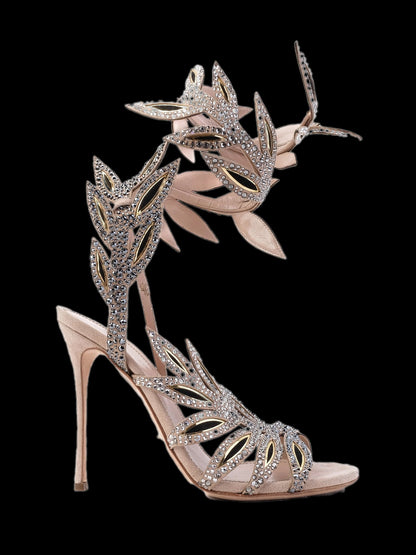 Sergio Rossi White Leather High-Heeled Sandals with Rhinestones