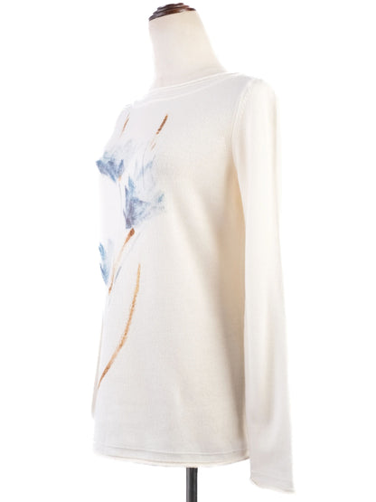 Excellent Loro Piana White Cashmere Sweater Size S Floral Design
