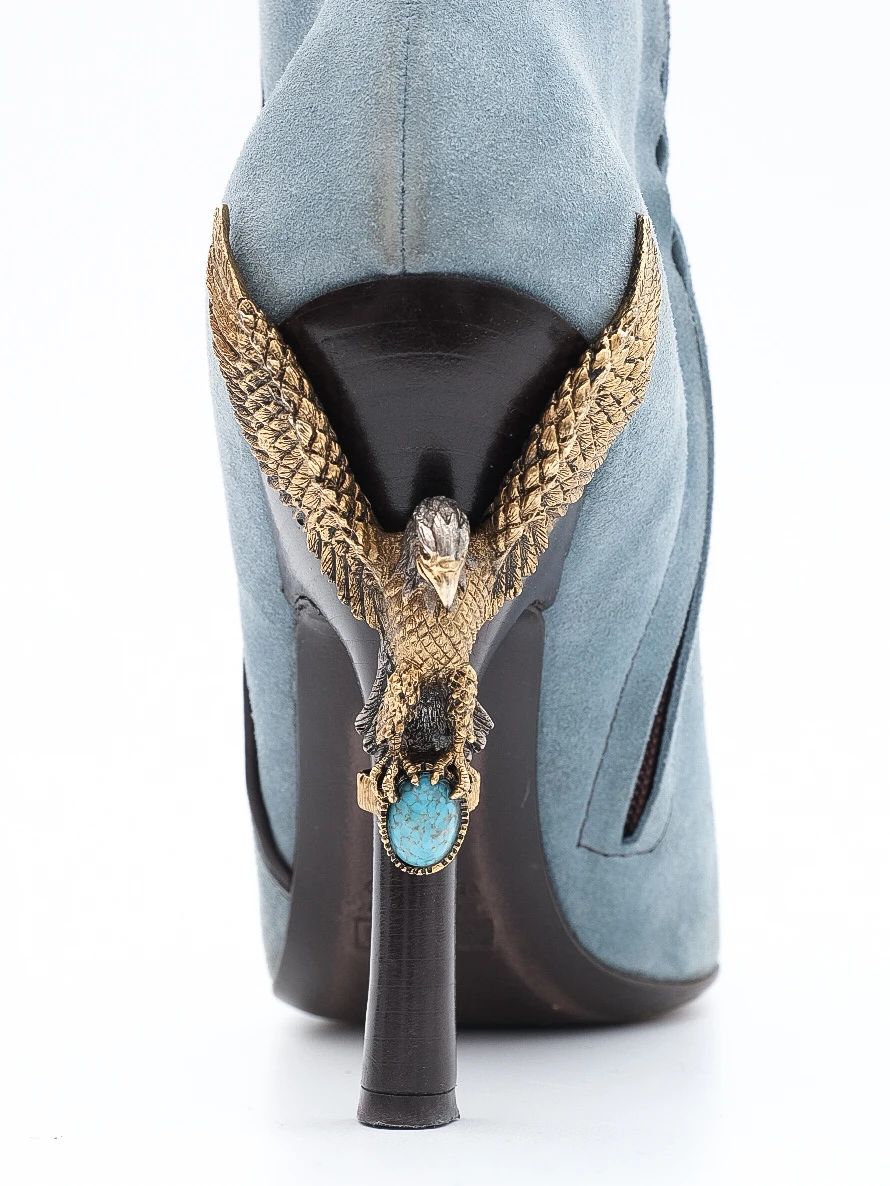 Excellent Vicini Blue Leather High-Heeled Boots with Eagle Design, Size 38