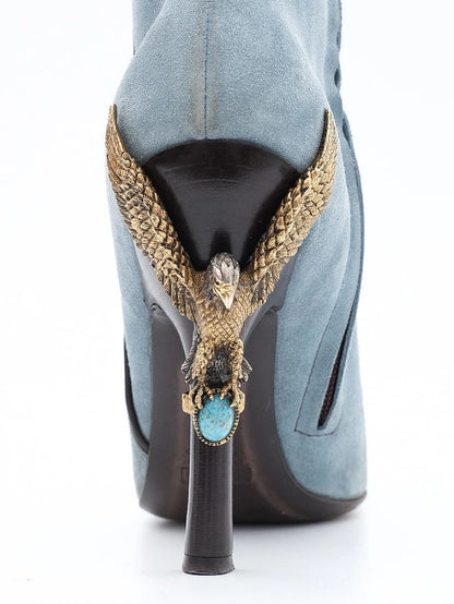 Excellent Vicini Blue Leather High-Heeled Boots with Eagle Design, Size 38