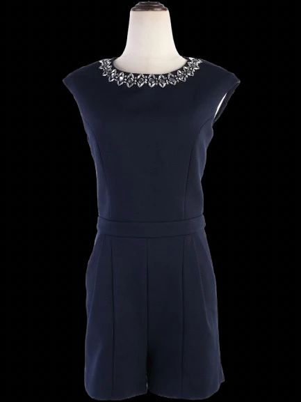 Excellent Ted Baker Navy Blue Sleeveless Romper Size S with Embellished Neckline