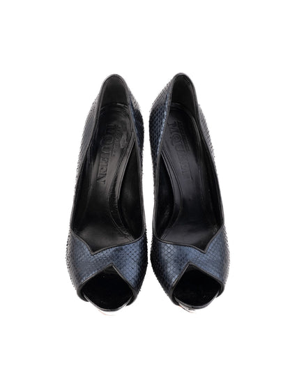 Excellent Alexander McQueen Blue Leather Peep-Toe High Heels