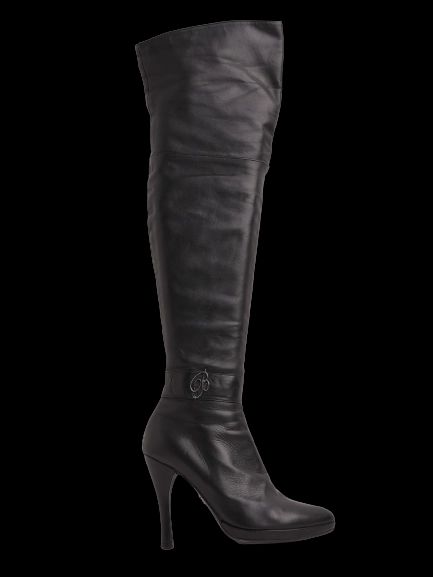 Excellent Blumarine Black Leather Thigh-High Boots Size 37