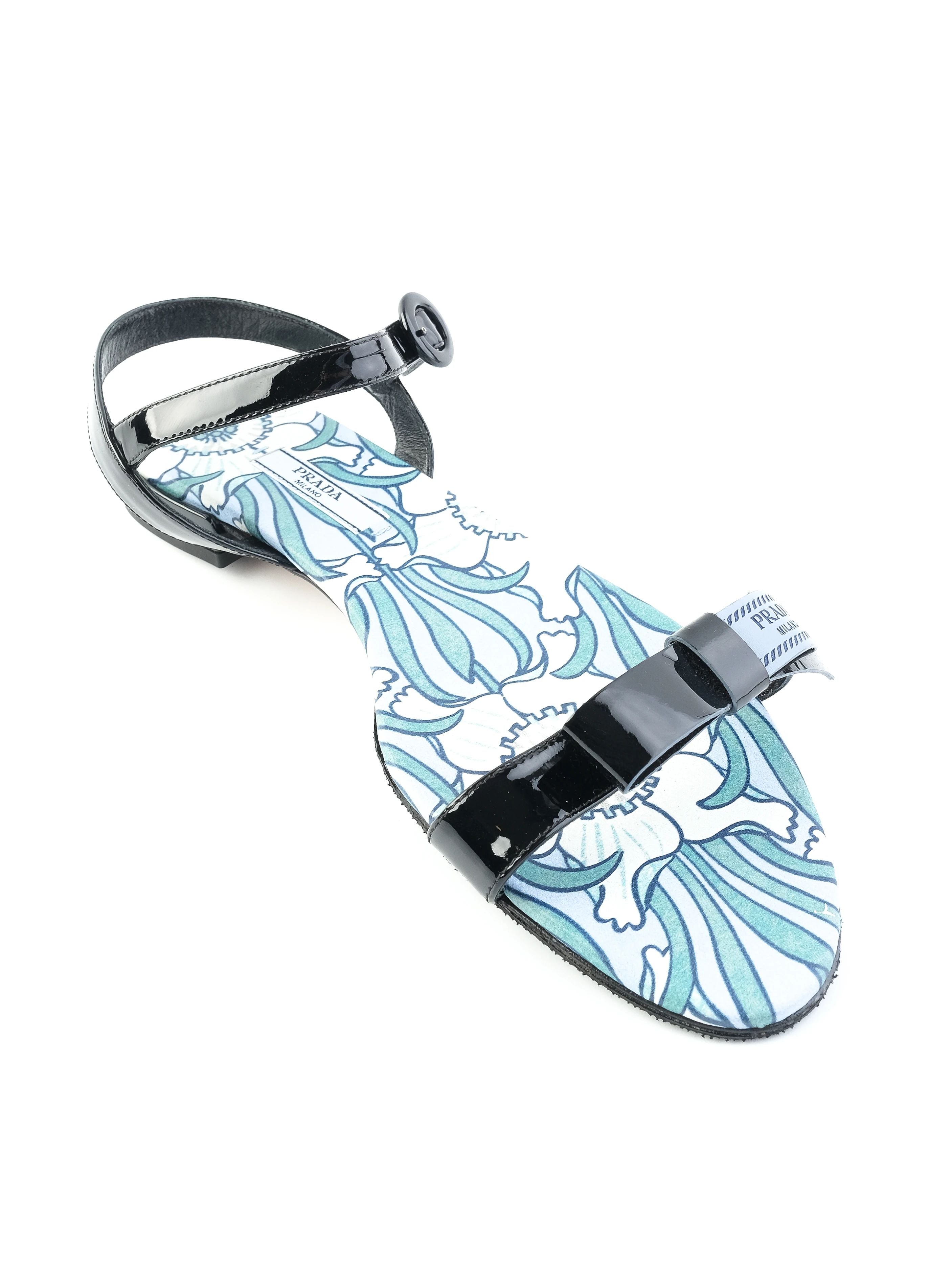 Perfect Prada Black Floral Patterned Sandals with Ankle Straps