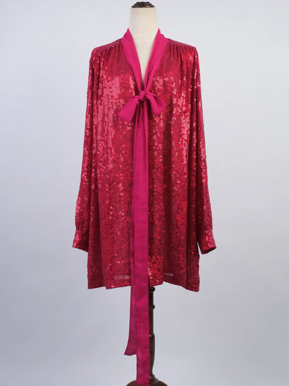 Excellent Ashish Pink Sequin Dress Size L with Bow Detail