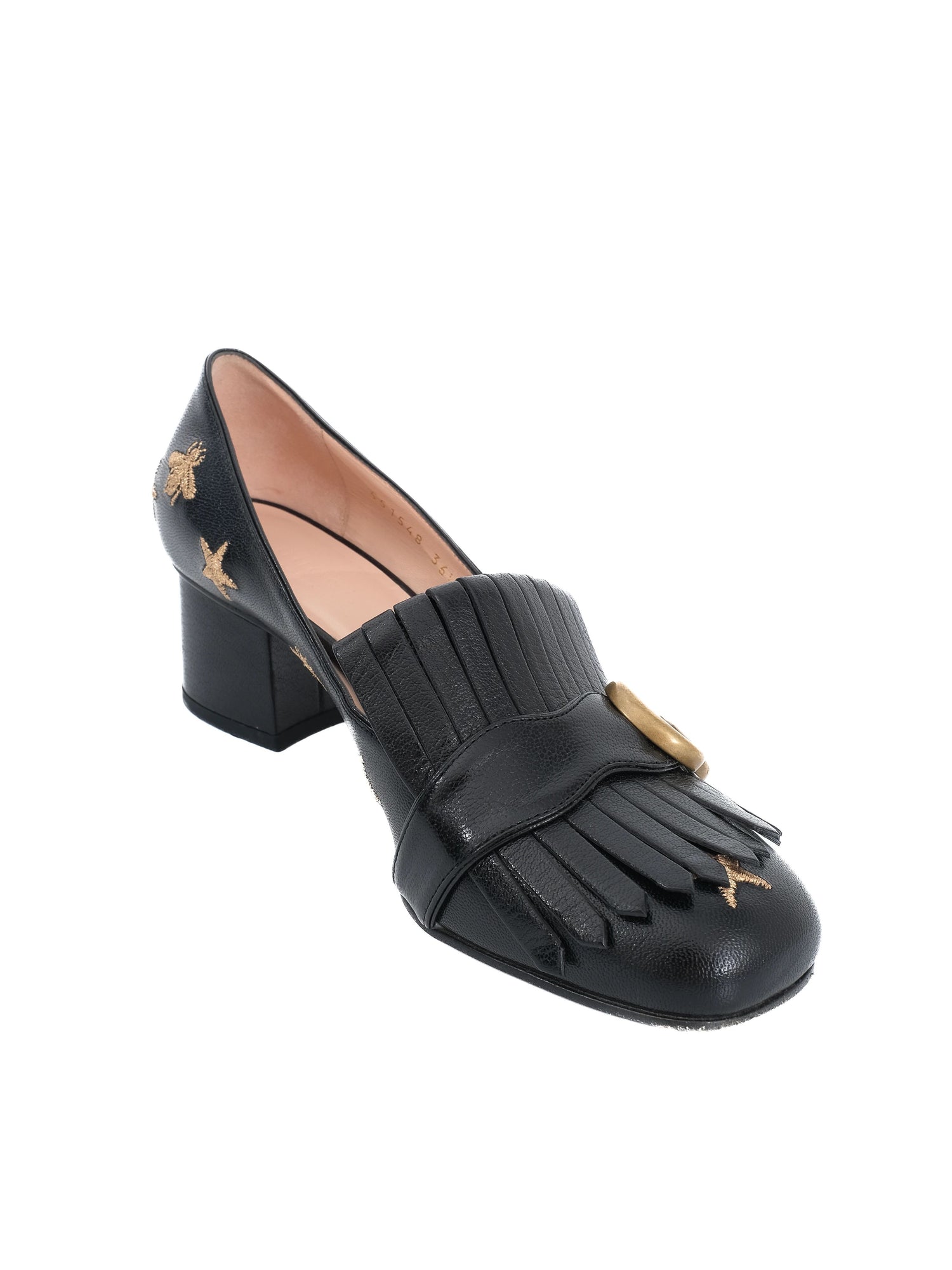 Gucci Black Leather Block-Heeled Loafers with Embroidered Details Size 36.5