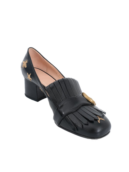 Gucci Black Leather Block-Heeled Loafers with Embroidered Details Size 36.5
