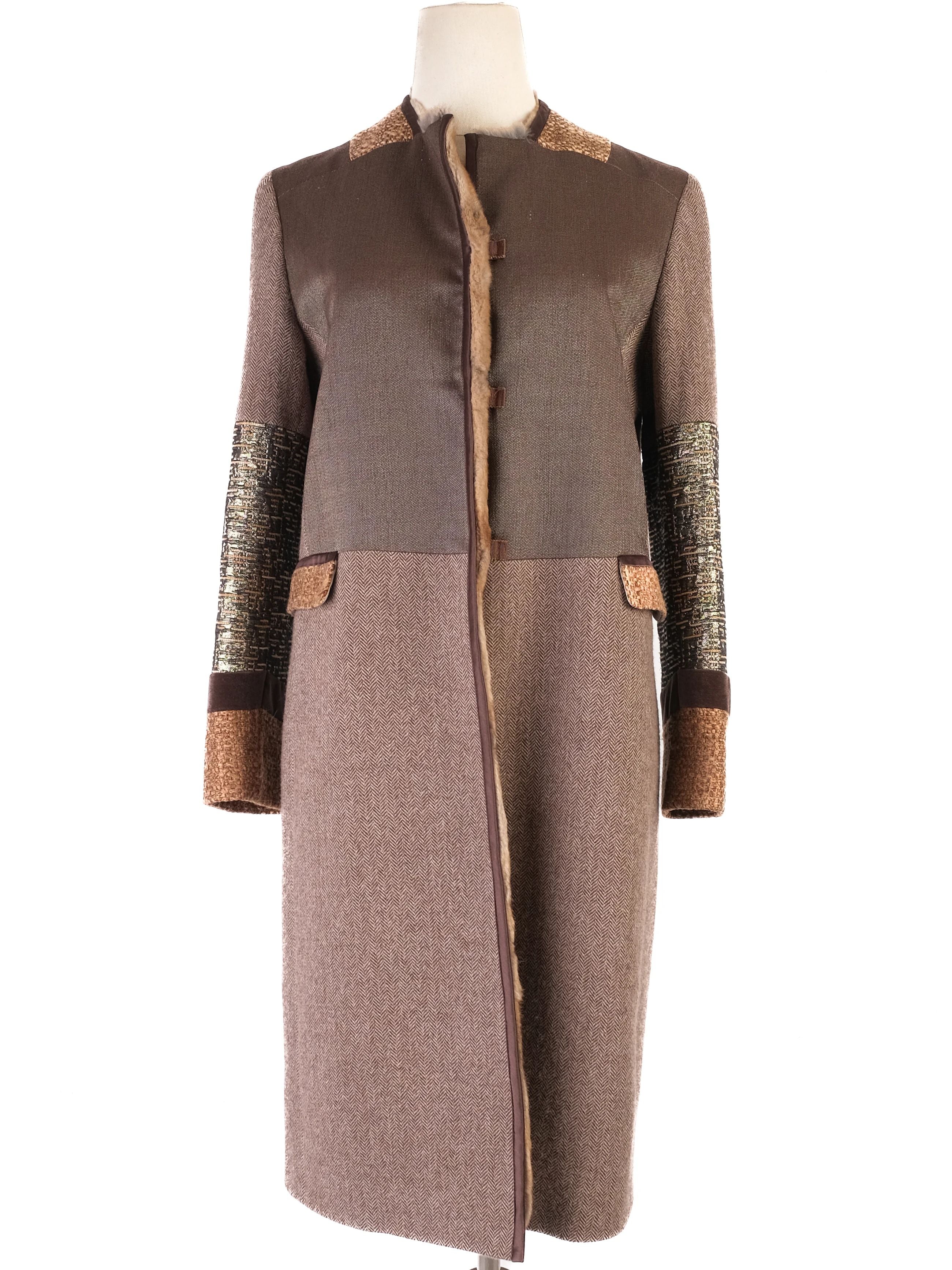 Excellent Etro Patchwork Wool Coat with Fur Trim Size XS