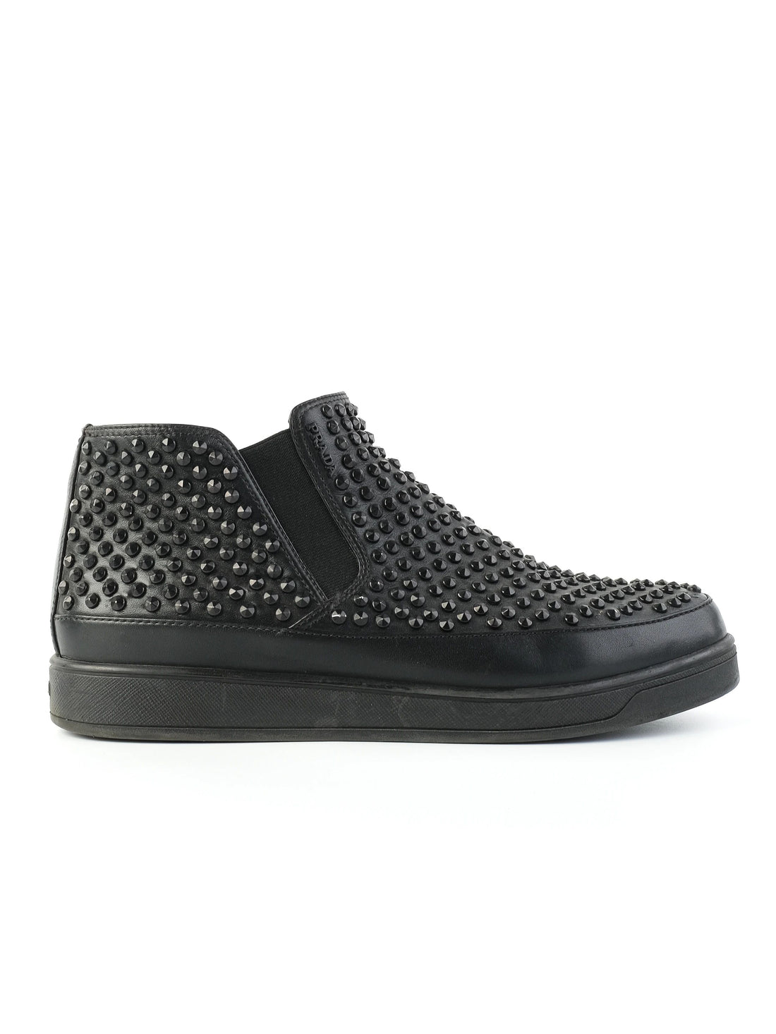 Good Prada Black Leather Slip-On High-Top Sneakers Size 38 with Studs
