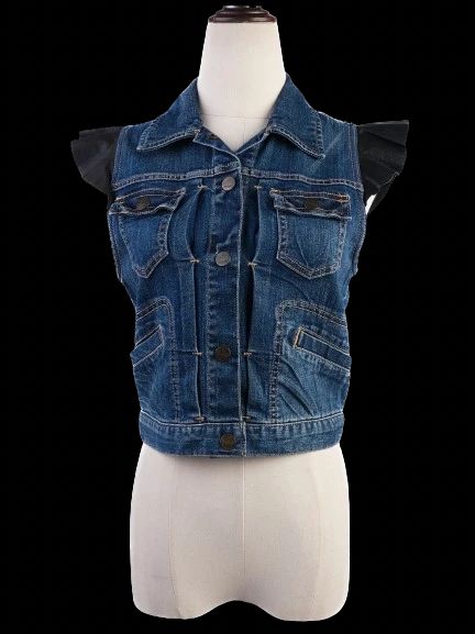 Excellent Juicy Couture Blue Denim Vest Size S with Ruffled Details