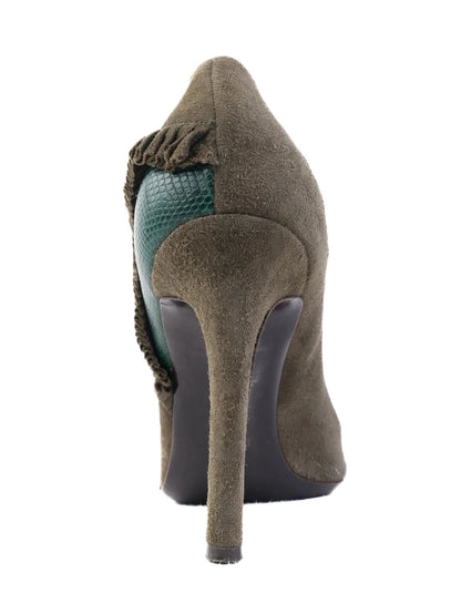 EXCELLENT Valentino Green Stiletto Heels Leather Open Toe Floral Embellishment